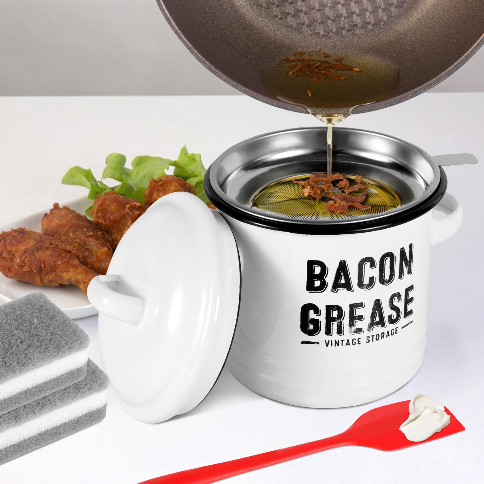 Bacon Grease Container with Strainer with Food Safe Silicone Spatula ...
