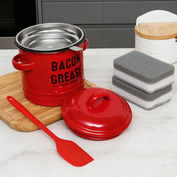 Bacon Grease Container with Strainer with Food Safe Silicone Spatula 46oz Enamel Rural Fat Container Keeper Recipe Dishwasher Safe