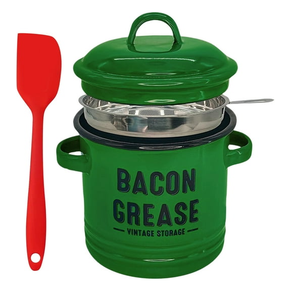 Bacon Grease Saver with Strainer- with Food Grade Silicone Spatula, Grease Container for Kitchen, Enamel Rustic Farmhouse Fat Keeper Container