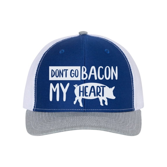 Bacon Hat, Don't Go Bacon My Heart, Bacon Lover, Bacon Apparel, Gift For Bacon Lover, Trucker Hat, Adjustable, 10 Colors, White Text, Royal/White/Heather