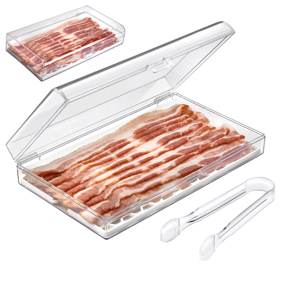 Bacon Keeper Storage Container with Tong, Deli Meat Storage Container with Perforated Tray for Freshness, Clear Durable Plastic - Dishwasher and Freezer Safe - Size: 11 x 6.5 x 2