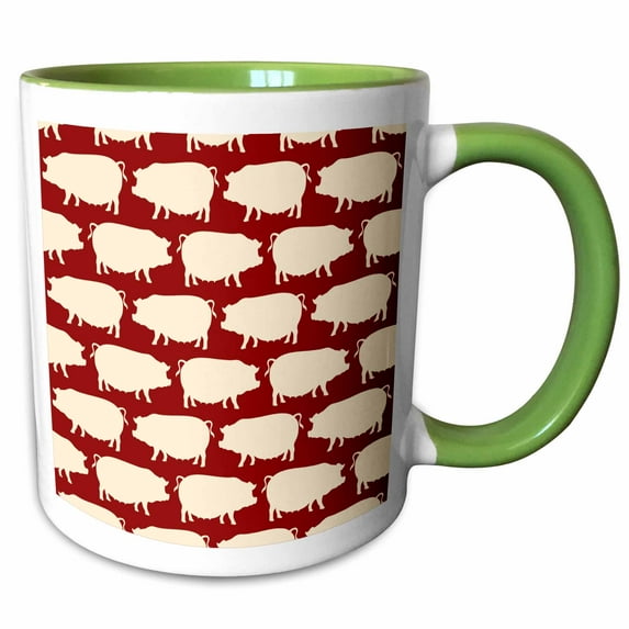 3drose, Bacon Lovers- Cute Piggy Pattern in Cream on Red, 11oz Two-tone Green Mug