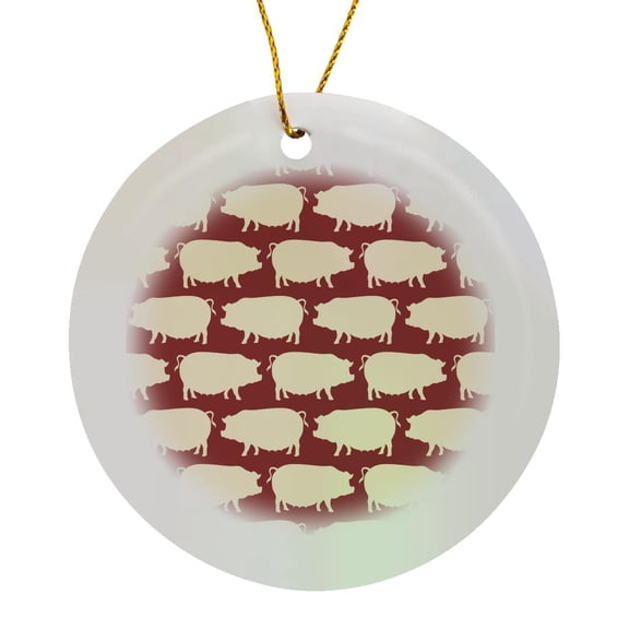 3drose, Bacon Lovers- Cute Piggy Pattern in Cream on Red, Circle Porcelain Ornament