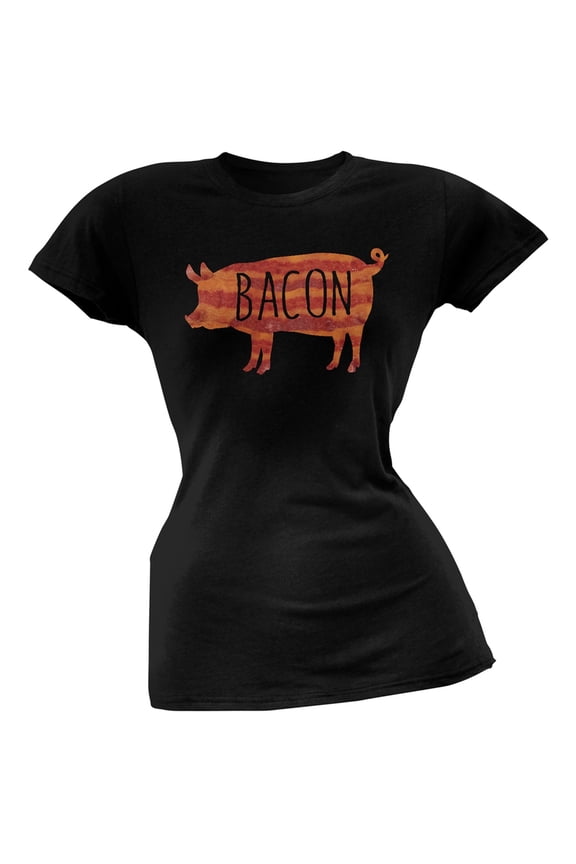 Bacon Pig Silhouette Black Soft Juniors T-Shirt - Large