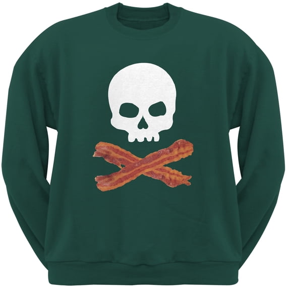 Bacon Skull And Crossbones Dark Green Adult Sweatshirt - 2X-Large