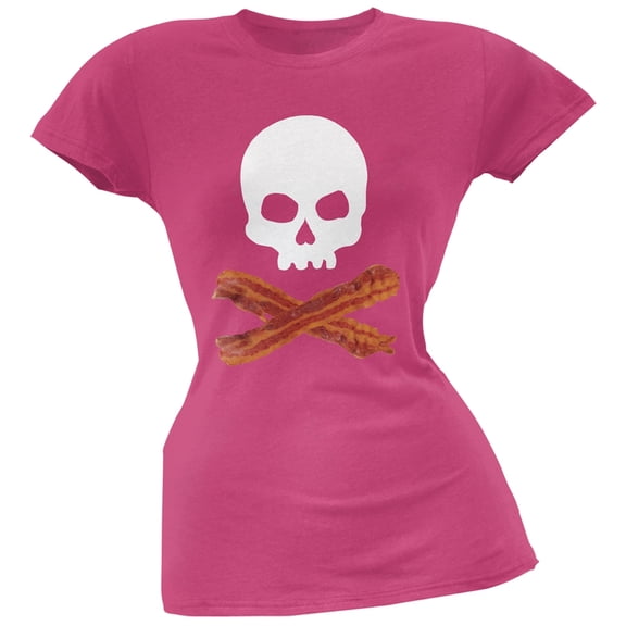 Bacon Skull And Crossbones Pink Soft Juniors T-Shirt - Large
