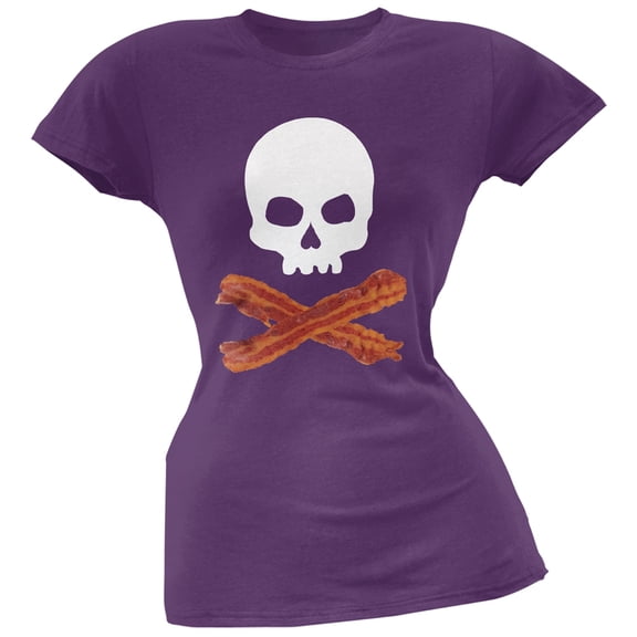 Bacon Skull And Crossbones Purple Soft Juniors T-Shirt - Medium
