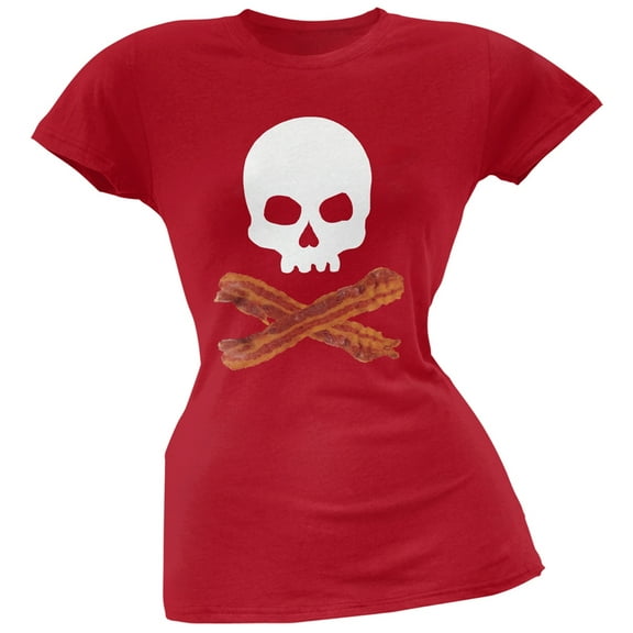Bacon Skull And Crossbones Red Soft Juniors T-Shirt - X-Large