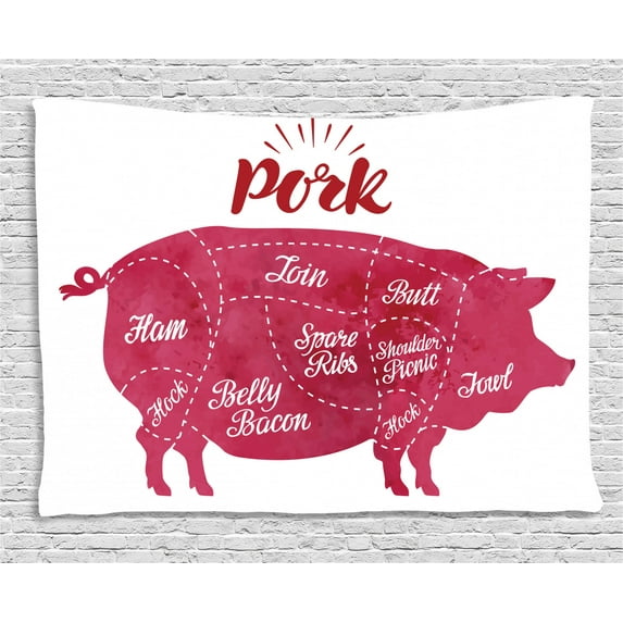 Bacon Tapestry, Cutting Pig Meat Diagram as Ham Loin Butt Hock and Ribs Butcher Shop Theme, Wall Hanging for Bedroom Living Room Dorm Decor, 80W X 60L Inches, Magenta Red White, by Ambesonne