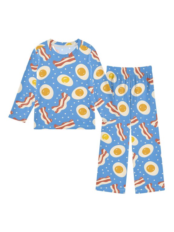 Bacon and Eggs Pattern Pajama Set Soft Warm Cozy Fleece 2 Piece Fall Winter Sleepwear Loungewear 10-11Y