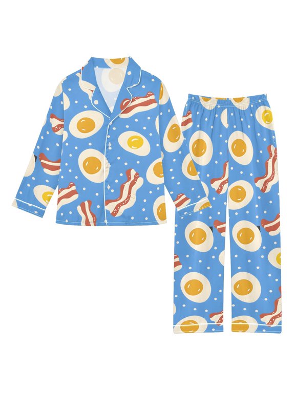 Bacon and Eggs Pattern Satin Pajama Set Soft Breathable Button Down 2 Piece Pjs Sleepwear Lounge Daily XX-Large