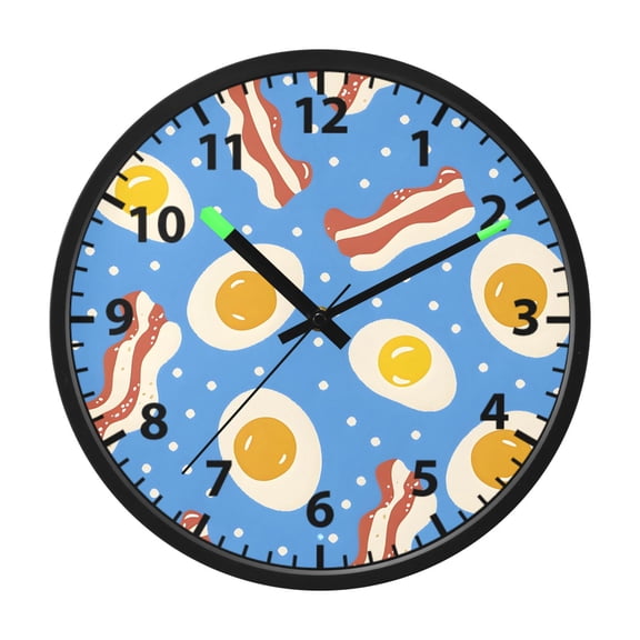 Bacon and Eggs Pattern Wall Clock 12 Inch Voice Activated Night Light Silent Non Ticking