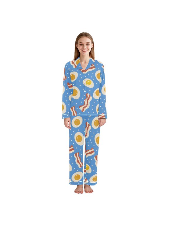 Bacon and Eggs Pattern Women Pajama Set Soft Notch Collar Button Down Long Sleeve Lounge Sleepwear XX-Large