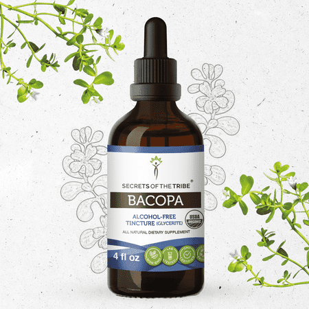 Secrets Of The Tribe Bacopa Organic Tincture Dietary Supplement, Natural Herbal Extract for Cognitive Support, Certified Organic Bacopa (Bacopa monnieri) Dried Herb, Alcohol-Free Extract, Drops 4 oz