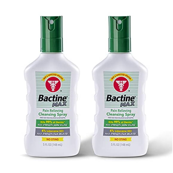 Bactine MAX First Aid Spray - Pain Relief Cleansing Spray with 4% Lidocaine - Numbing Lidocaine Spray Kills 99.9% of Germs - Pain + Itch Relief for Minor Cuts, Burns & Bug Bites - 5 oz, 2 Pack