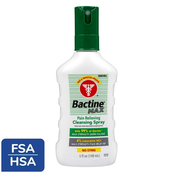 Bactine Max First Aid Spray Pain Relief Cleansing with 4% Lidocaine Kills 99.9% of Germs, 5 fl oz