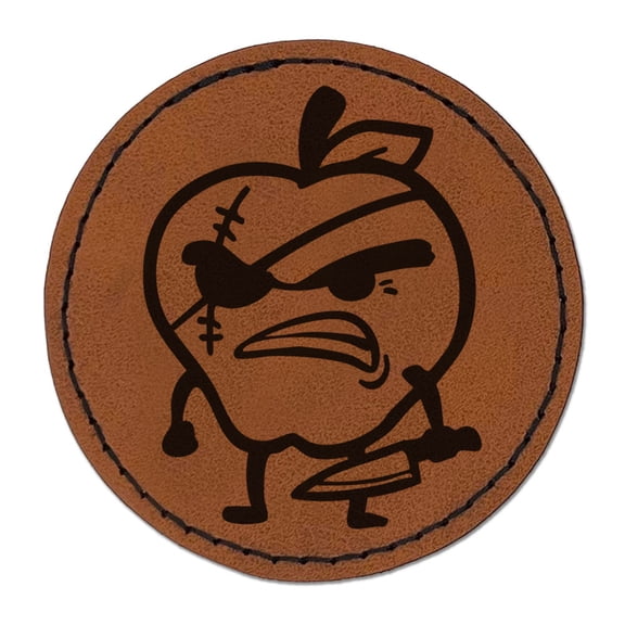 Bad Apple Evil Fruit Funny Silly Round Iron-On Engraved Faux Leather Patch Applique - 2.5 Inch - Brown