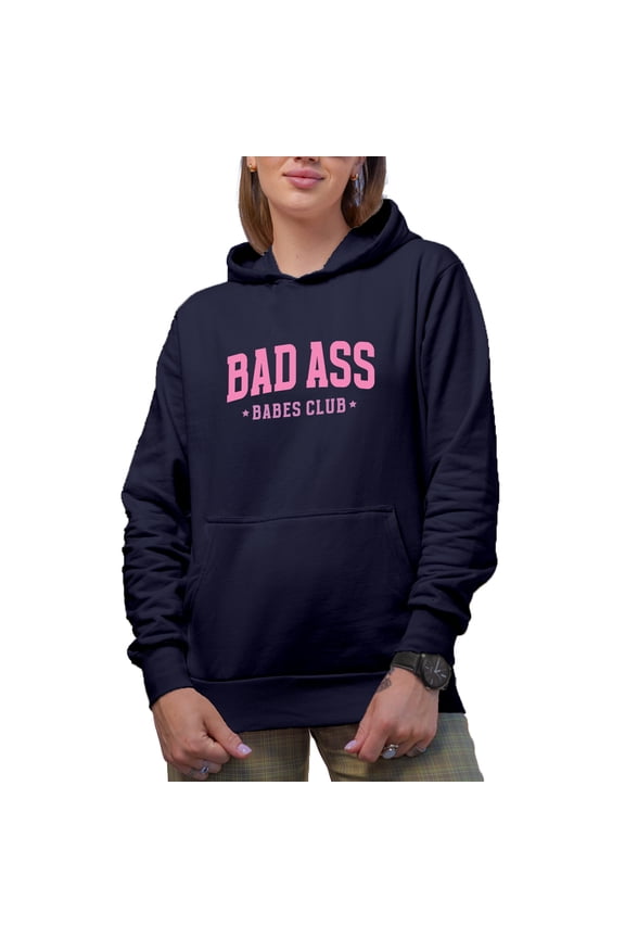 Bad Ass Babes Club, Pink Text Girl Group Merch Gift, Navy Blue Hooded Sweatshirt or Hoodie, XL