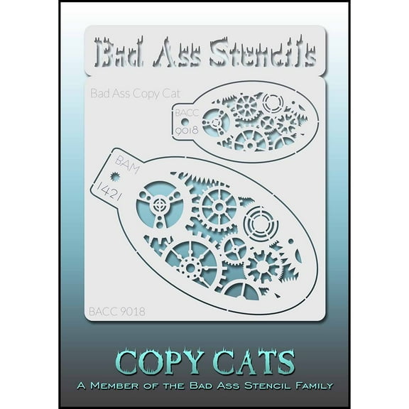 Bad Ass Copy Cat Stencil - Gears 9018, Thin, Flexible, High Grade Mylar, Reusable Face Painting Stencil, Great for Airbrush, Brush, Sponge Application