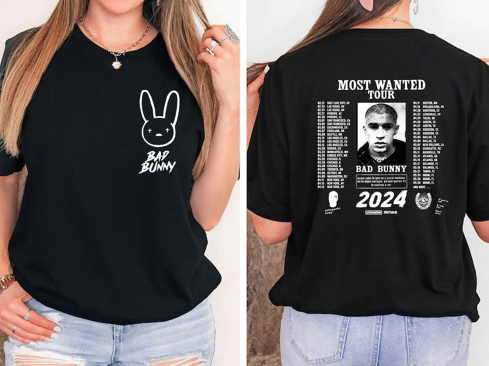 Bad Bunny Most Wanted Tour 2024 Back and Front Shirt Black