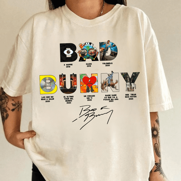 Bad Bunny Music Era T-Shirt, Every Album from βX 100PREβ to βDeb Tirar MΓ‘s Fotosβ (2025), Unisex Tee