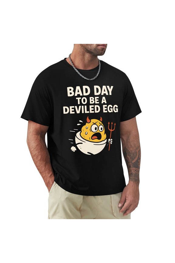 Bad Day To Be A Deviled Egg Men's Cotton HD Print Short Sleeve T-Shirt Crew Neck Top Black 2XL
