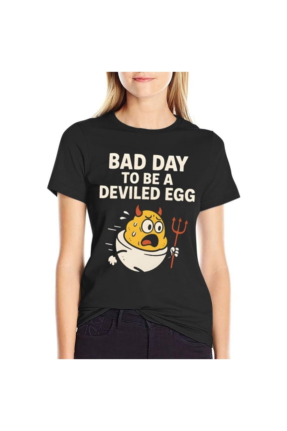 Bad Day To Be A Deviled Egg Women’s Short Sleeve Cotton T-Shirt HD Graphic Printed Tee Casual Crew Neck Top 3XL
