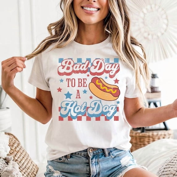 Bad Day To Be A Hotdog Funny 4th Of July Men's And Women's Graphic Tee 100% Cotton by TBun, Full Sizes S-5XL