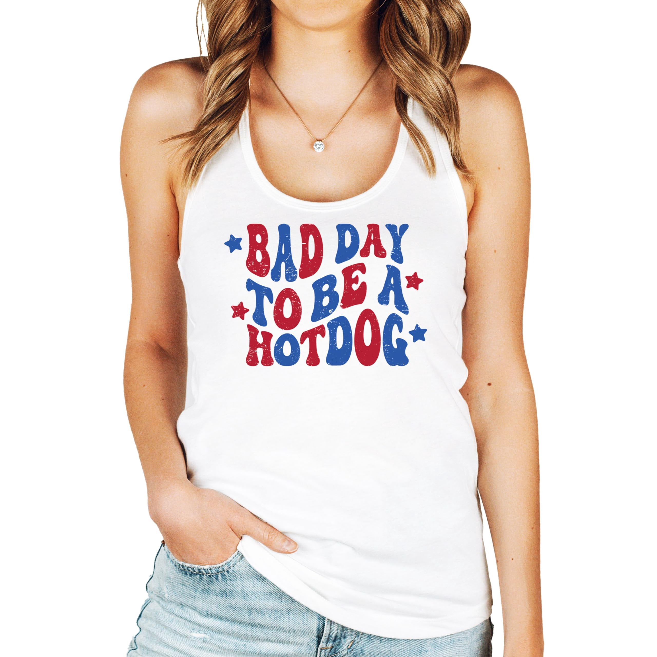 Bad Day to Be a Hot Dog Tank Top for Women and Teens Funny Summer 4th of July Top White Tank Top Large