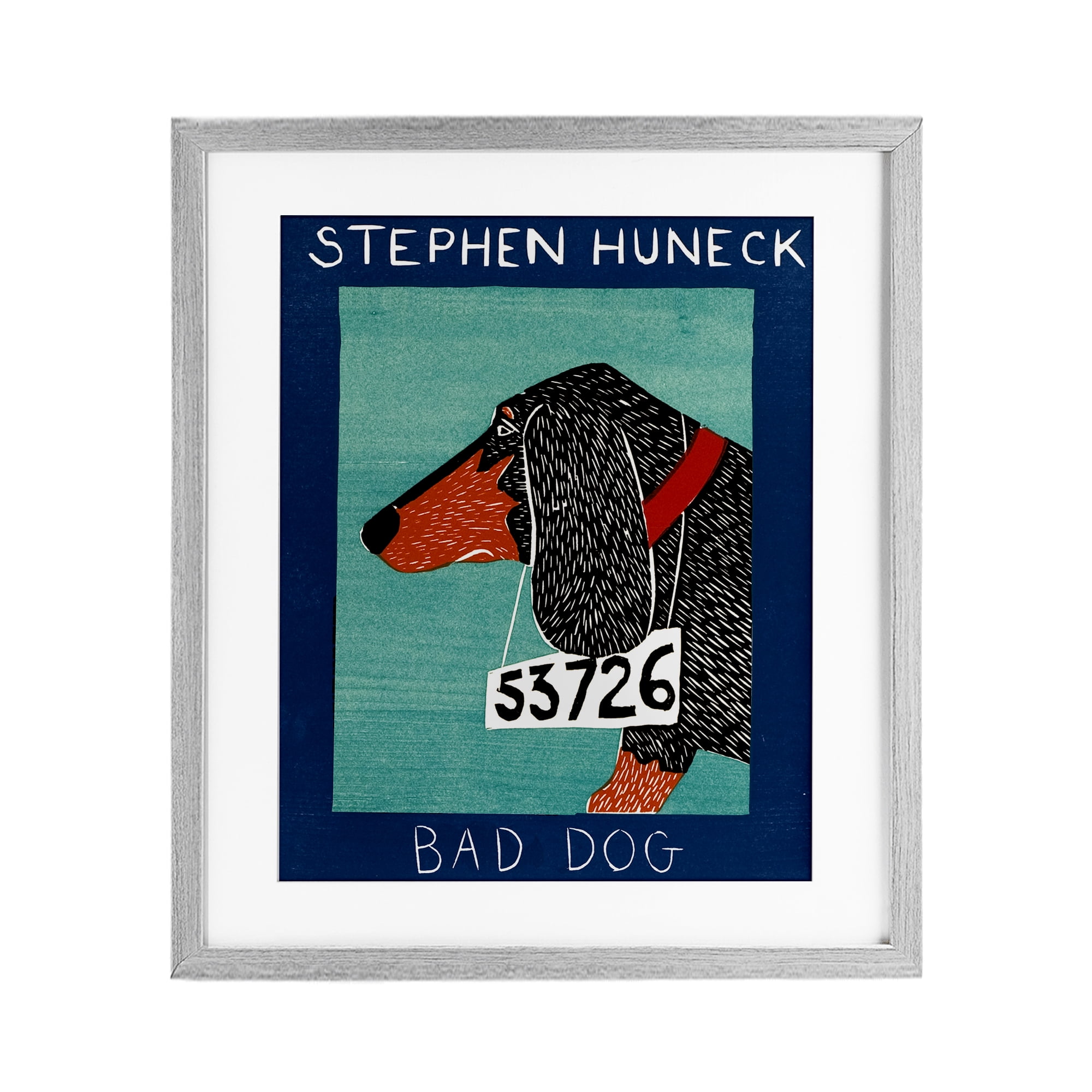 Bad Dog Dachshund Gray Framed Print Under Glass, design by Stephen Huneck