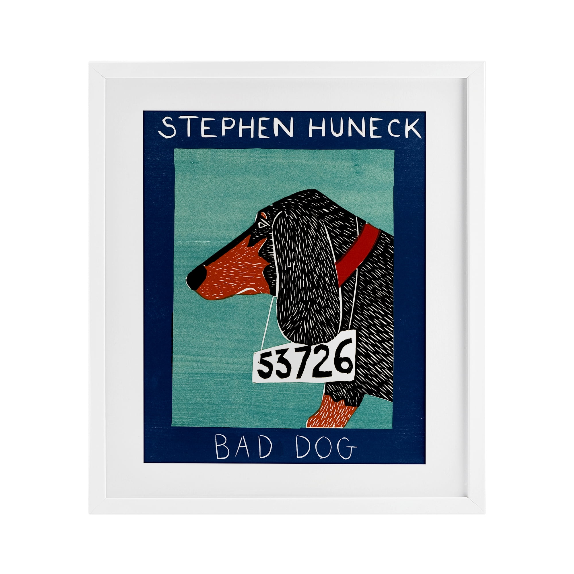 Bad Dog Dachshund White Framed Print Under Glass, design by Stephen Huneck