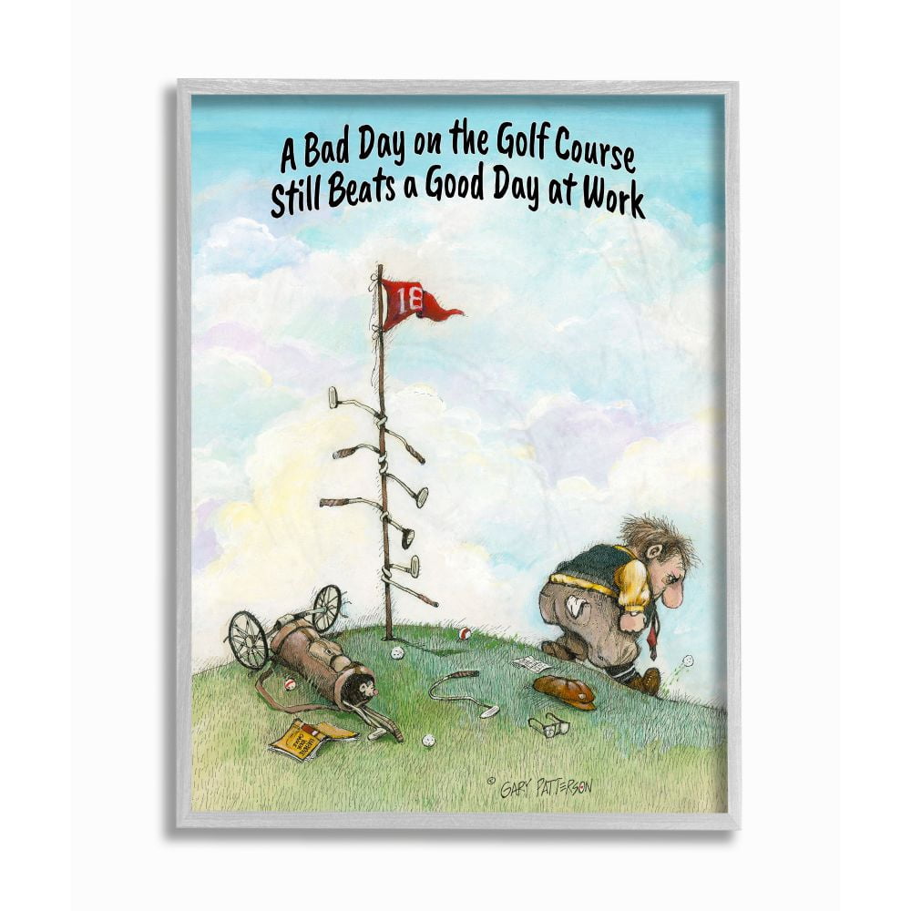Bad Golf Beats Good Work Funny Cartoon Golf Sports Design Gray Farmhouse Rustic Oversized Framed Giclee Texturized Art by Gary Patterson