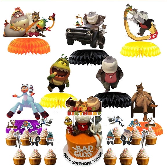 Bad Guys Party Decor Supplies Honeycomb Centerpieces Table Toppers Cake Toppers Decorations for Birthday