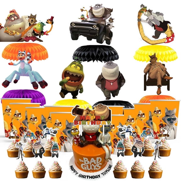 Bad Guys Party Supplies Decor Cups Fans Decorations Honeycomb Centerpieces Cake Toppers