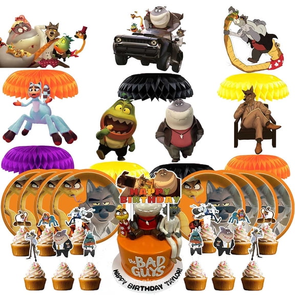 Bad Guys Party Supplies Decor Plates Fans Decorations Honeycomb Centerpieces Cake Toppers