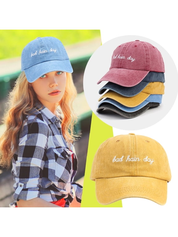 Bad Hair Day Baseball Cap, Vintage Washed Denim Dad Hat, Adjustable Humor Text Casual Hat for Men and Women, Daily Outfit, Outdoor and Travel-Black