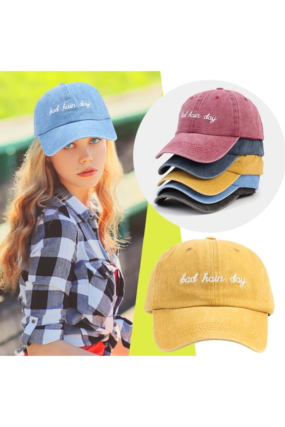 Bad Hair Day Baseball Cap, Vintage Washed Denim Dad Hat, Adjustable Humor Text Casual Hat for Men and Women, Daily Outfit, Outdoor and Travel-Black
