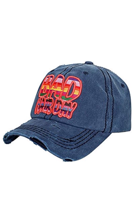 Bad Hair Day Baseball Cap Womens Distressed Hat Aztec Serape Blue
