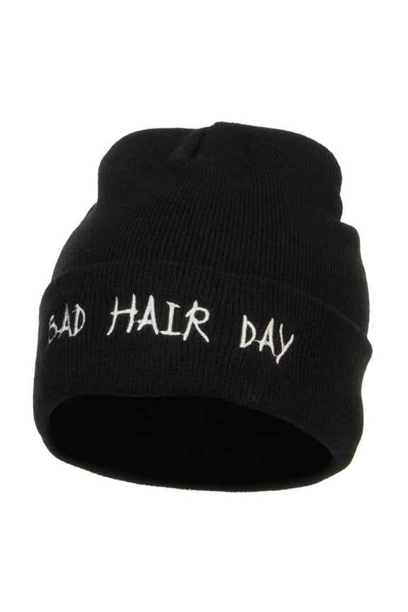 Bad Hair Day Embroidered Long Beanie - Black OSFM