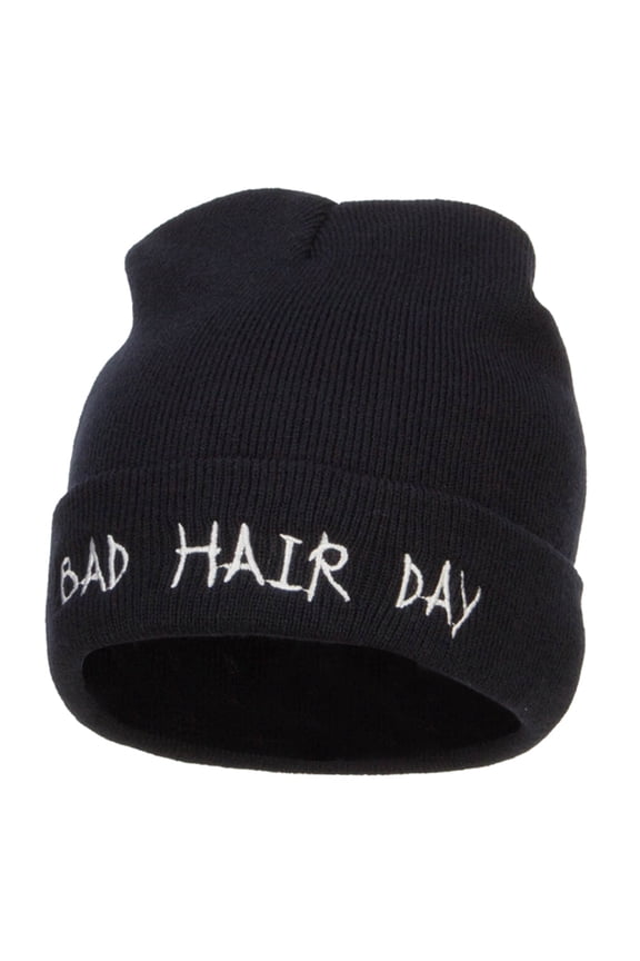 Bad Hair Day Embroidered Long Beanie - Navy OSFM