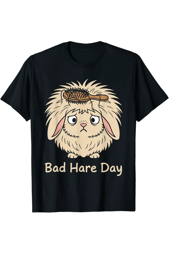 Bad Hare Day Lionhead Rabbit Pun Graphic T-Shirt, Size S-5XL