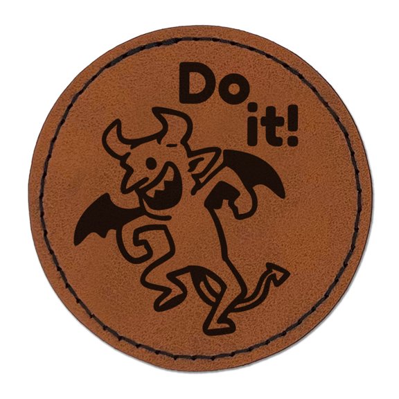Bad Influence Dancing Devil Do It Demon Round Iron-On Engraved Faux Leather Patch Applique - 2.5 Inch - Brown