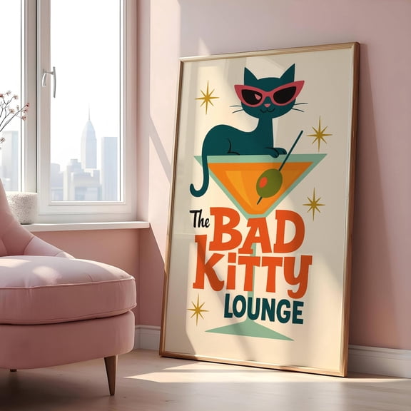 Bad Kitty Lounge Retro Cat Wall Art, Unframed Paper Poster 8x10in