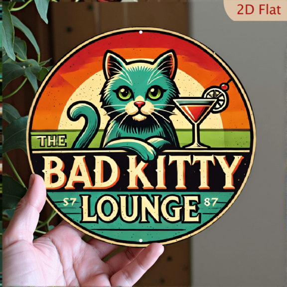 The Bad Kitty Lounge Retro Circular Metal Wall Art, 8x8 Inch Teal Cat Martini Design, Vintage Style Distressed Aluminum Decorative Sign for Home Bar Decor