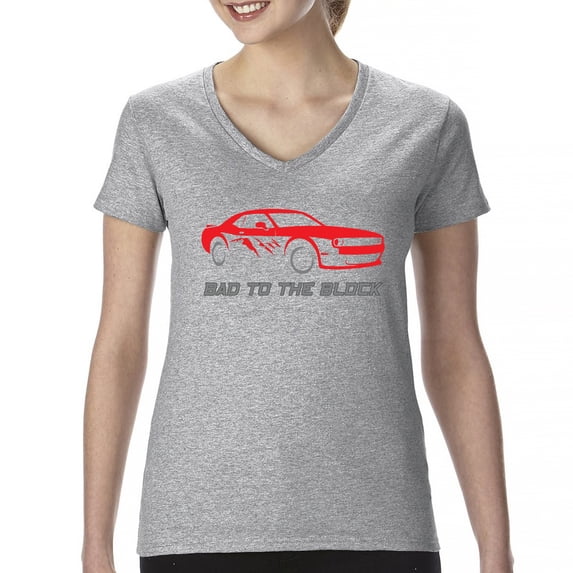 Bad To The Block Muscle Car Women's V-Neck T-shirt Street Racer American RT V8 Octane Power Perfomance Racing Coupe Tee