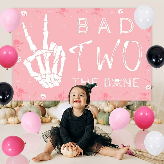 Bad Two The Bone 2nd Birthday Party Decorations for Girls Pink Balloon Garland Arch Kit with Skull Bone Bad Two The Bone Backdrop, Rock n Roll Music Theme 90s Second Birthday Party Decor