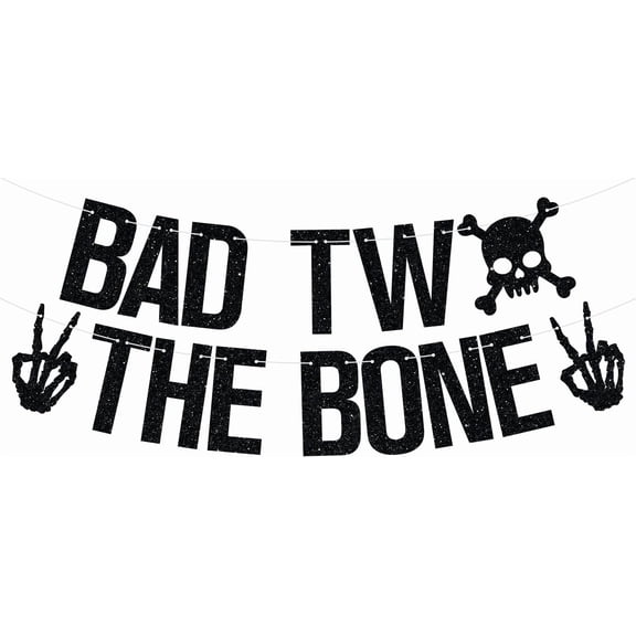 Bad Two the Bone Banner, Skull Skeleton Theme 2nd Birthday Hanging Decorations, Gothic Rock&Roll Born to Rock Music 2nd Birthday Party Decorations Supplies for Kids