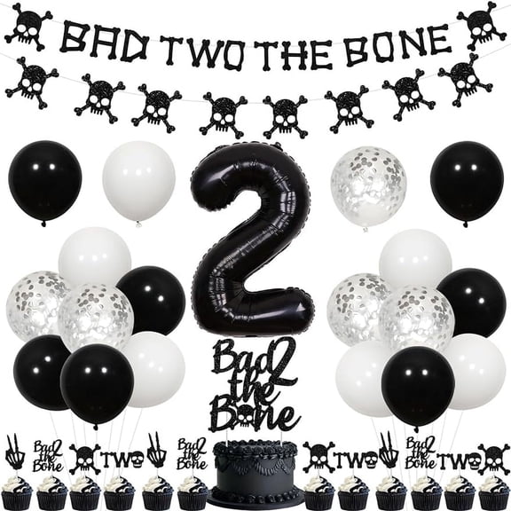 Bad Two The Bone Birthday Decorations Black 2nd Bad Two The Bone Banner Cake Topper Balloon For 2nd Birthday Party Decorations Born To Rock Music Themed Birthday Decor Rock N Roll Party