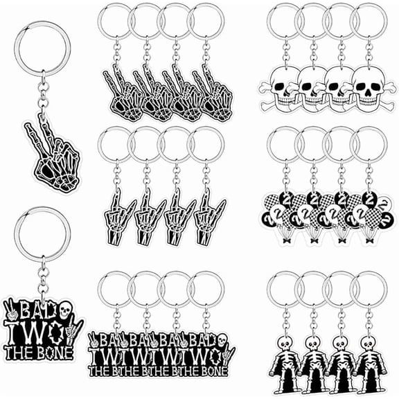 Bad Two the Bone Birthday Decorations Boy, 24Pcs Bad Two the Bone Keychains Bone Skull Party Favors Born 2 Rock Acrylic Keyrings Key Chains Balck for Boy Rock N Roll 2nd Birthday Party Decor Supplies