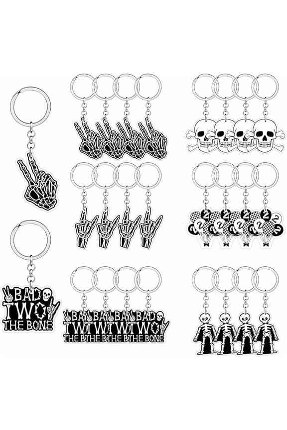 Bad Two the Bone Birthday Decorations Boy, 24Pcs Bad Two the Bone Keychains Bone Skull Party Favors Born 2 Rock Acrylic Keyrings Key Chains Balck for Boy Rock N Roll 2nd Birthday Party Decor Supplies